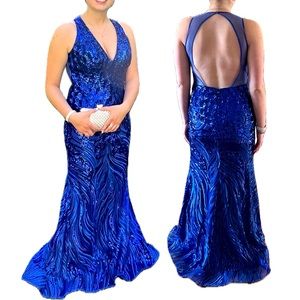 Jovani Royal Blue Open Back Sequent Prom Gown
